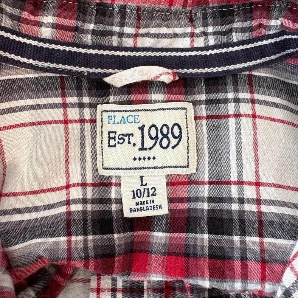 The Children's Place Plaid Long Sleeve Button Down Holiday Boys Shirt Sz L 10/12